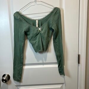 Anthropologie Maeve Green Ribbed Lace Trim Cropped Top Long Sleeve S M
